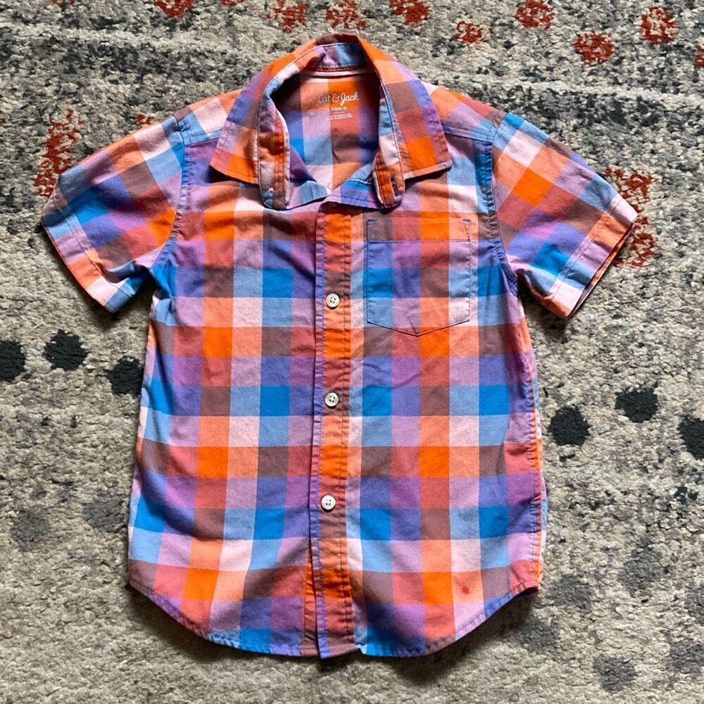 Boys Farmer Button Up Short Sleeve Shirt Orange Plaid size XS 4/5